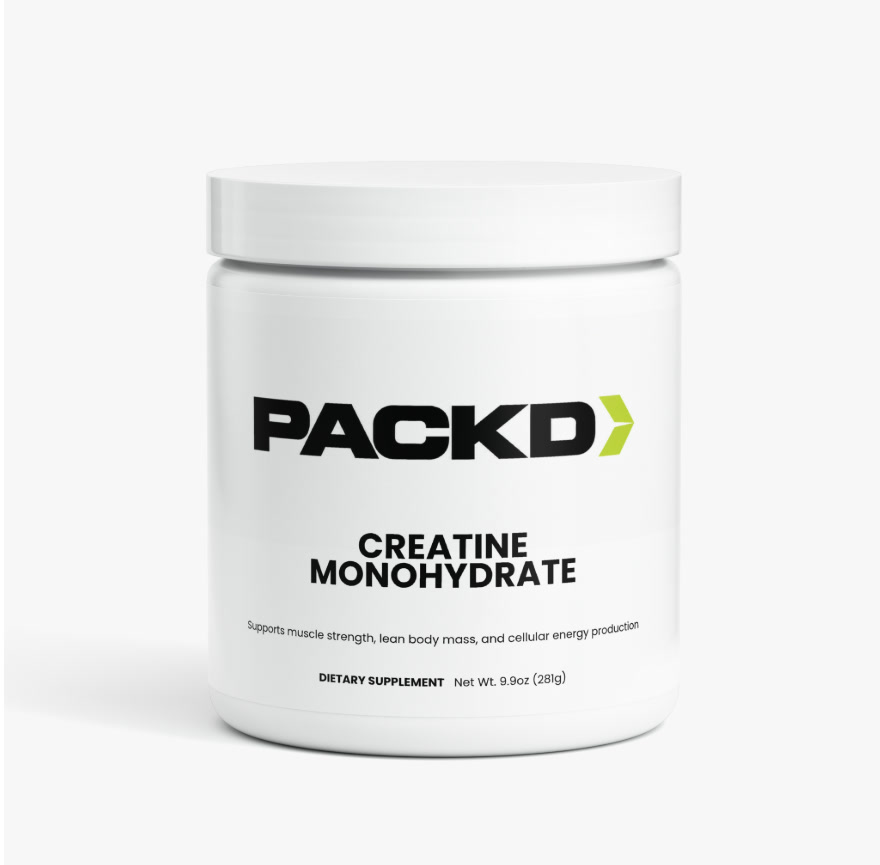 PACKD Creatine Monohydrate, a white tub.