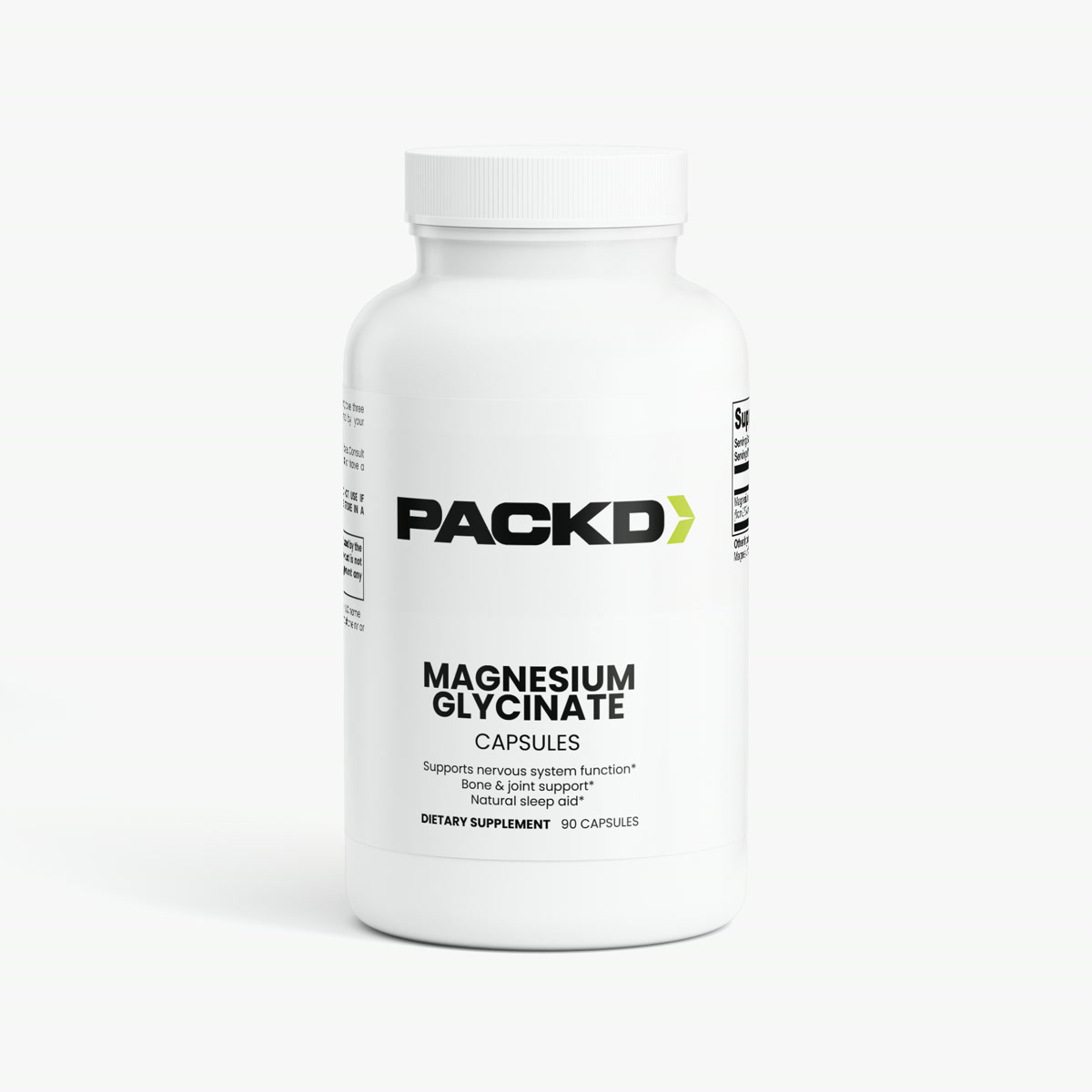 PACKD Magnesium Glycinate, a white capsule bottle.