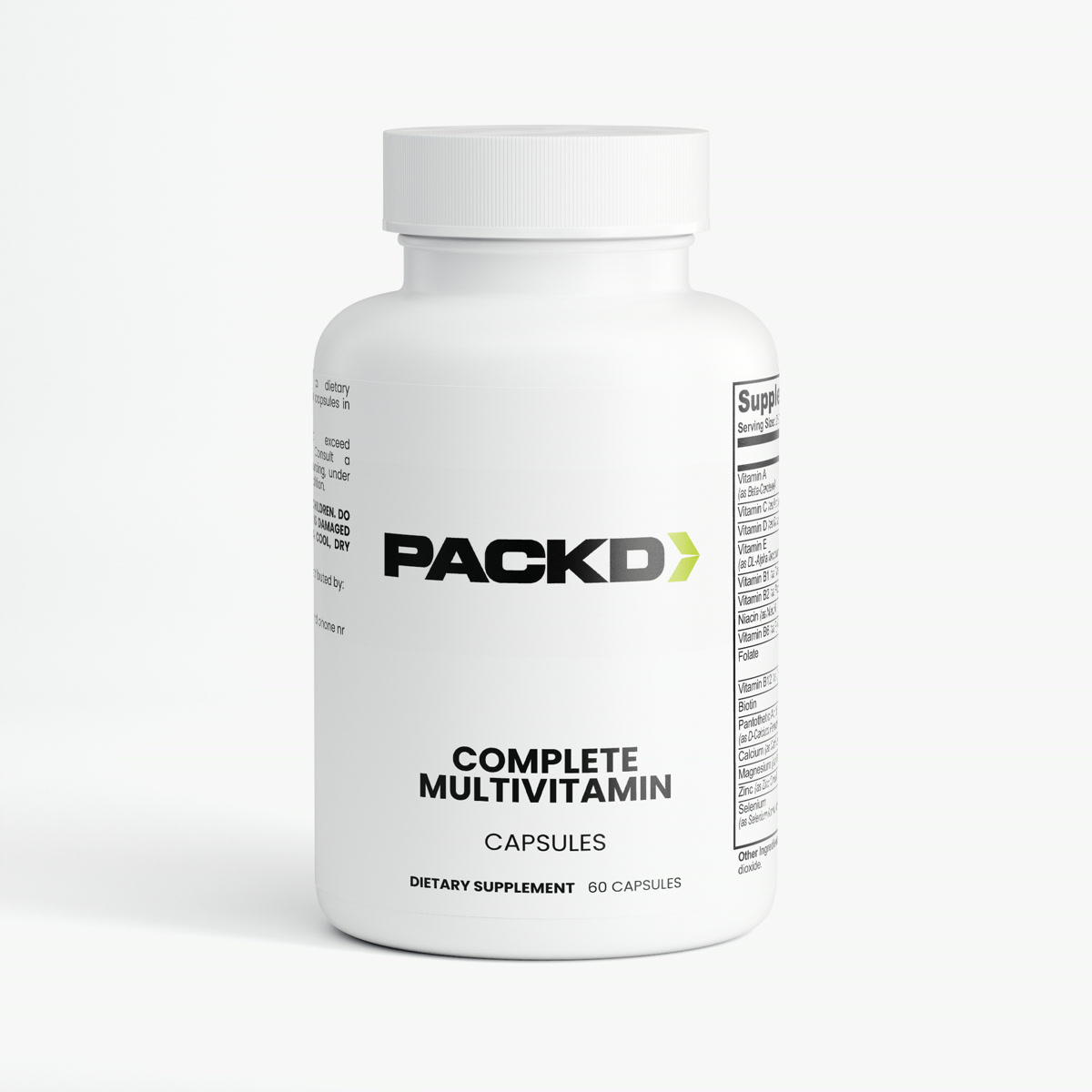 PACKD Complete Multivitamin, a white capsule bottle.