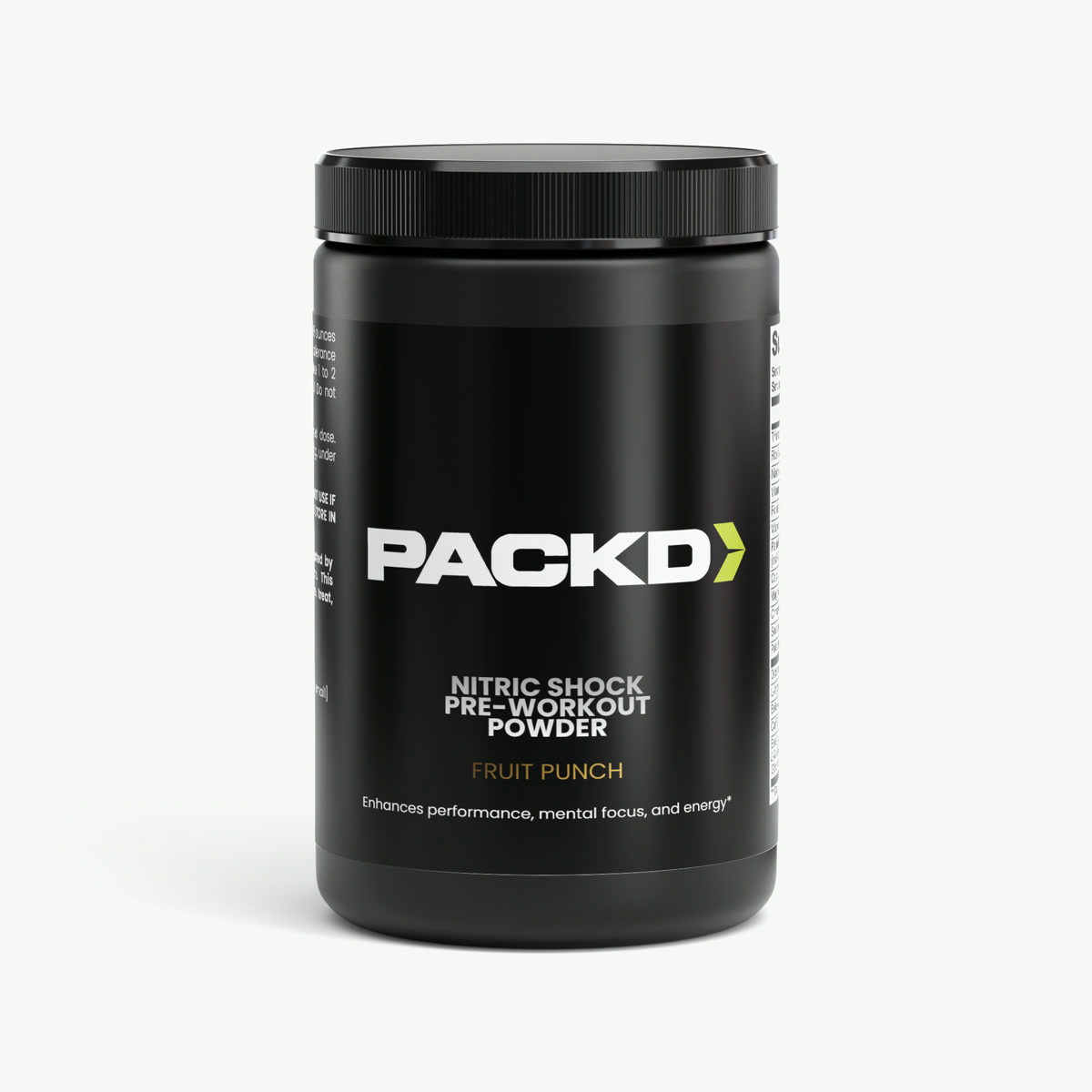 PACKD Nitric Shock Pre-Workout Powder, a black tub.