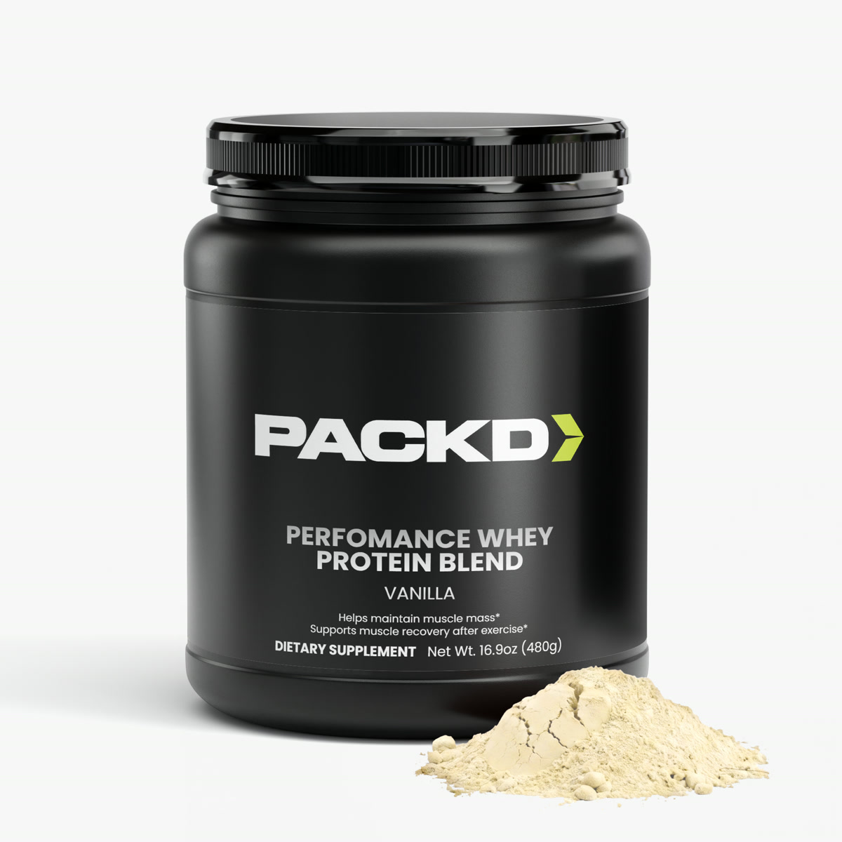 PACKD Performance Whey Protein Blend in vanilla, a black tub beside a pile of powder.